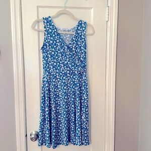 Summer wrap style dress.  Cornflower blue with white floral pattern.